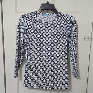 J McLaughlin Navy and White Geometric Women's Top Blouse 3/4 Sleeve